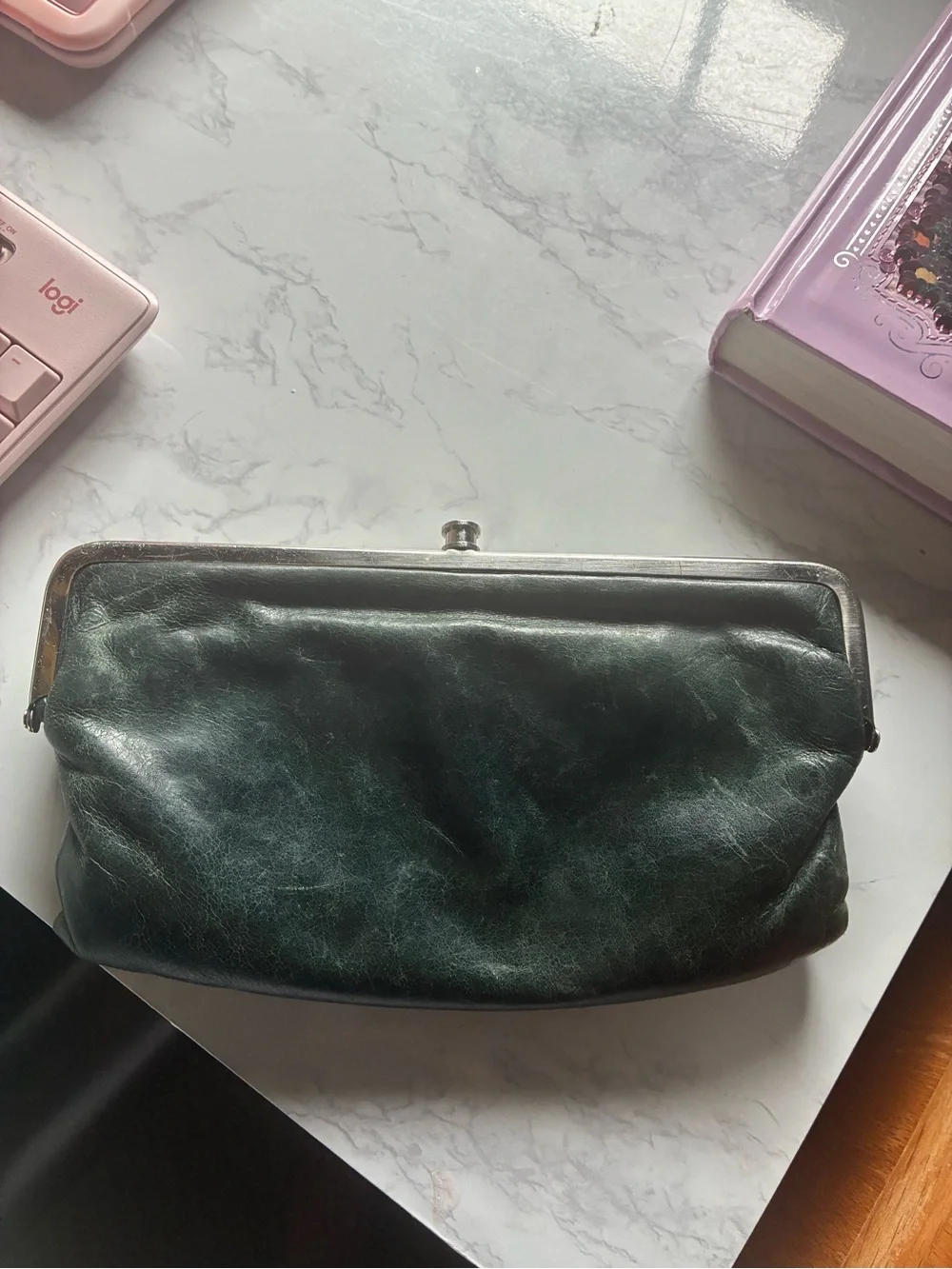 HOBO Lauren Dark Green Leather Double Frame Kiss Lock Clutch Wallet